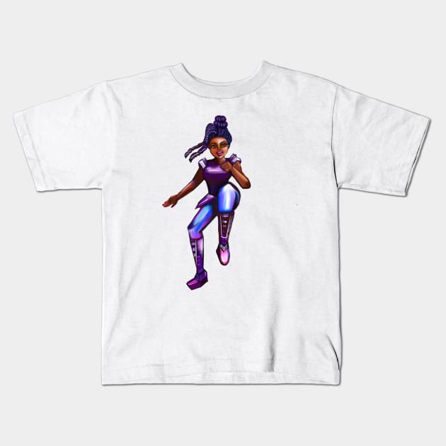 Black anime superhero brown eyed girl from outer space doing a high knee kick ! beautiful  black girl with Afro hair, brown eyes, Cherry pink lips and dark brown skin. Hair love ! Kids T-Shirt by Artonmytee